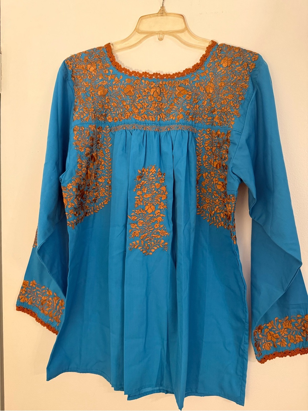 Hand Crafted Blue Tunic with Orange Floral Embroidery